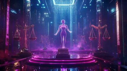 Poster - A futuristic scene featuring a glowing figure with scales of justice.