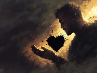 Poster - Silhouette of a Man Holding a Heart Symbol, Blending Dark and Light Elements in a Dramatic Artistic Display, Expressing Emotion and Depth in a Powerful Representation of Love
