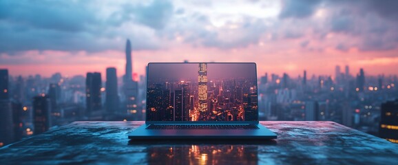 Aufkleber - A laptop displaying a cityscape against a vibrant sunset backdrop.