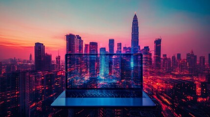 Aufkleber - A laptop displays a vibrant cityscape at sunset, blending technology and urban life.