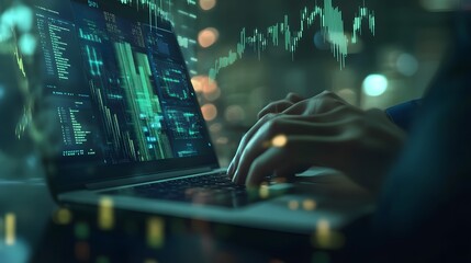 Poster - Person working on laptop with financial data and code