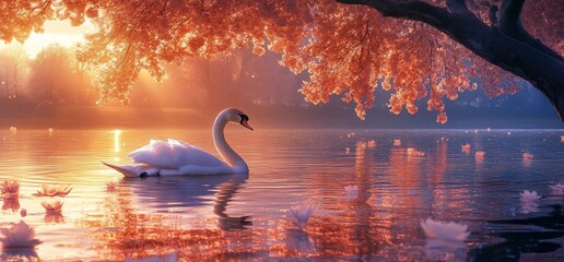 Aufkleber - A serene swan glides through a tranquil lake surrounded by vibrant foliage.