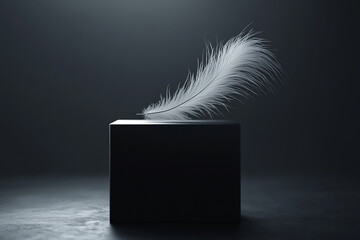 Poster - black cube with a white feather on a dark grey background