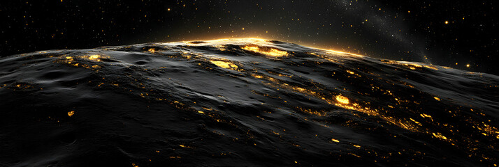 Wall Mural - cosmic landscape, glowing celestial body, surface textures with golden veins, starry night backgroun