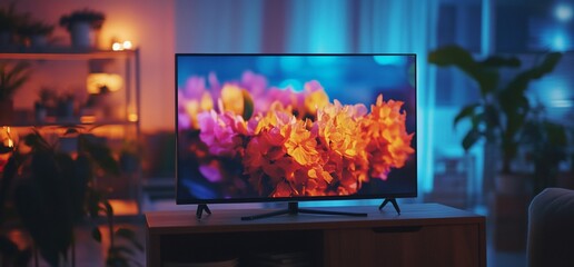 Poster - A vibrant television display showcasing colorful flowers in a cozy room.