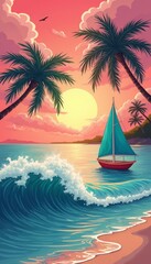 Wall Mural - A picturesque sunset bathes the ocean in warm hues, with a sailboat gliding gracefully on the shimmering water. Lush palm trees frame the scene, while gentle waves create a serene atmosphere, evoking