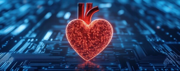 Poster - A glowing digital heart symbolizing technology and health, set against a futuristic blue background.