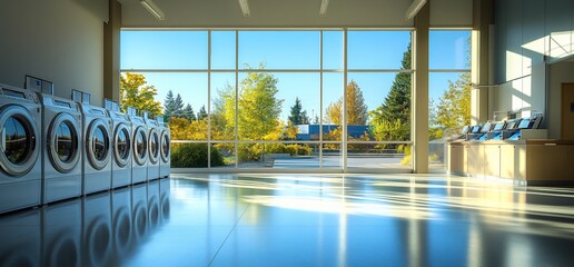 Poster - Bright laundry facility with machines and large windows showcasing nature.