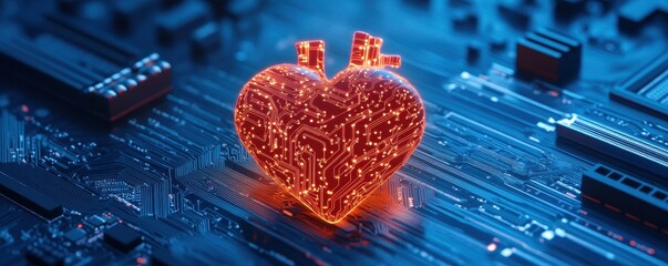 Poster - A glowing heart symbol made of sparkling elements sits on a blue circuit board, merging technology and emotion in a visually striking composition.