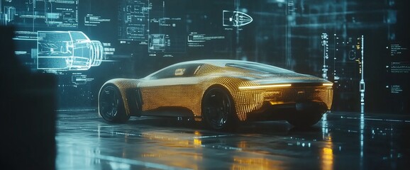 Poster - Futuristic car design with digital interface and holographic elements.