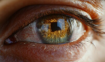 Aufkleber - Close-up of an eye reflecting a cityscape, showcasing intricate details.