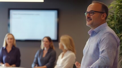 Poster - Businessman Presenting to Colleagues in Modern Office Setting