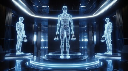 Poster - Futuristic holographic figures representing justice and balance.
