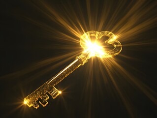 Aufkleber - Shining Golden Key with Glowing Light Rays Symbolizing Unlocking Opportunities and Hidden Treasures in a Mysterious Realm of Possibilities and Secrets
