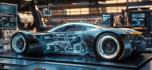 Poster - Futuristic transparent car model showcasing advanced technology and design.