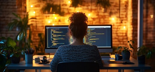 Poster - Person coding on a computer in a cozy, illuminated workspace.
