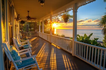 Aufkleber - A wraparound porch with rocking chairs, soft blue cushions, and a view of the ocean at sunset.