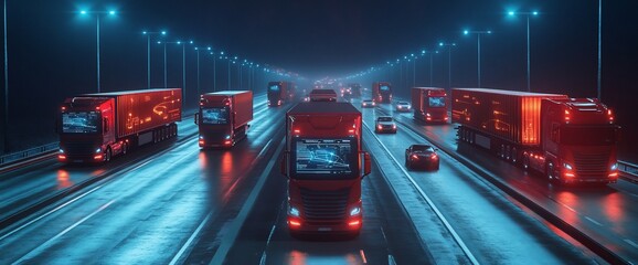 Poster - Nighttime highway scene with illuminated trucks and vehicles in motion.