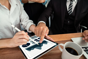 Poster - Financial data analysis dashboard by Fintech BI or business intelligence display on tablet screen to in-depth financial data analysis by business people planning marketing on table. Habiliment