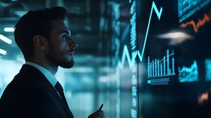 Poster - Businessman analyzing financial data on a large screen