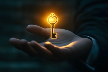 Aufkleber - Illuminated Golden Key in a Person's Outstretched Hand Symbolizing Opportunity, Unlocking Potential, Discovery and New Beginnings with a Dreamy Backdrop for Stock Photography