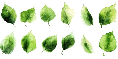 Collection of Vibrant Green Watercolor Leaf Designs for Botanical Decor