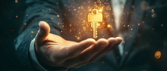 Aufkleber - Golden Key Floating Above Outstretched Hand Symbolizing Trust, Opportunity, and Success in Business, Finance, and Personal Growth in a Magical Setting