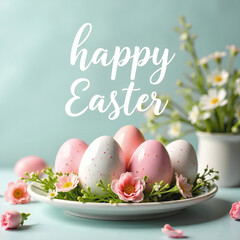 Wall Mural - Happy Easter banner with pink and white eggs on a plate and some flowers around on a blue background. Square composition.