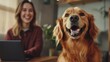 © Martí Rosselló - Cheerful woman working on a laptop at home, with her happy golden retriever sitting nearby in a cozy and relaxed environment.