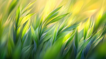 Poster - Tall blades of green grass sway rhythmically in the gentle wind, illuminated by the warm glow of the setting sun. The scene evokes tranquility and connection with nature