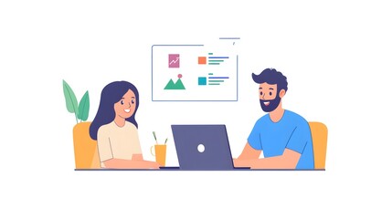 Poster - Colleagues Collaborate Using Laptop and Charts