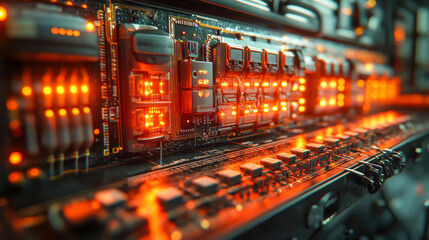 Poster - Detailed close-up of an advanced circuit board glowing with orange LED lights, showcasing intricate technology and components