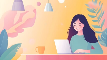 Poster - Happy Woman Working From Home on Laptop Computer