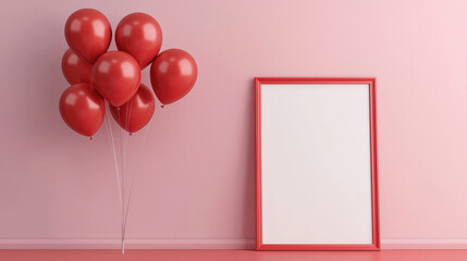 Wall Mural - Vibrant Red Balloons Floating Beside Empty Light Pink Frame For Artistic Background and Celebration Theme In Festive Atmosphere