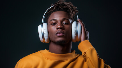 Studio portrait of a young man wearing oversized headphones in a modern style