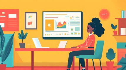 Poster - Woman Working at Desk with Data Analytics Display