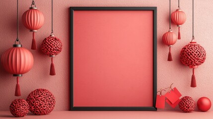 Poster - A vibrant red wall featuring decorative lanterns and a blank frame, perfect for showcasing art or festive themes.