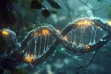 Poster - a dark background featuring a dna strand illuminated by glowing lights, highlighting its intricate s