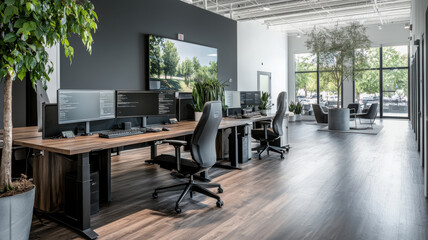 Poster - Modern office with standing desks, large monitors, and greenery