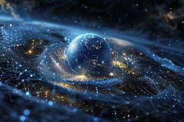 Poster - an illustration of earth encircled by a network of stars and connecting lines, symbolizing cosmic co