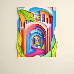 Poster - Tivoli, Italy, paper cut illustration - A colorful paper cut of a building