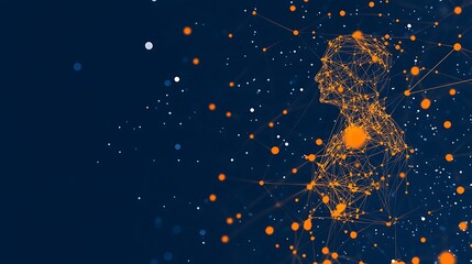 Canvas Print - Abstract human form made of interconnected nodes and lines, glowing orange on dark blue background.