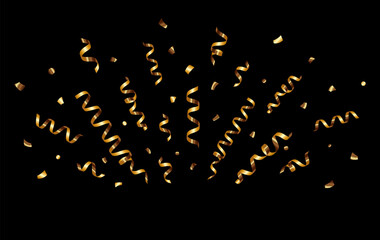 Wall Mural - blank template of background, banner with realistic confetti from party poppers, flying gold ribbon,