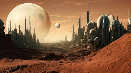 Poster - Science fiction landscape with futuristic city at orange dusk on the alien planet