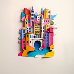 Poster - Meridian, Idaho, paper cut illustration - A colorful city with a bridge and a river