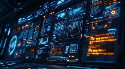 Poster - Futuristic digital interface with glowing displays showing data and information.