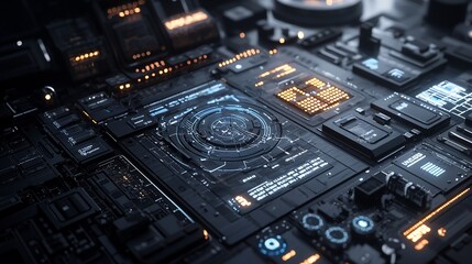 Poster - Futuristic technology circuit board with glowing interfaces.