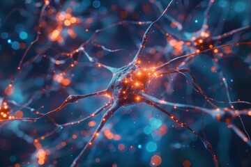 Poster - A close-up view of neurons in the brain, showcasing their intricate connections and structures. Neural network diagram representing AI in healthcare.