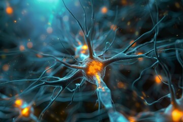 Poster - A close-up view of neurons in the brain, showcasing their intricate connections and structures. Neural network diagram representing AI in healthcare.