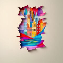 Poster - South Bend, Indiana, paper cut illustration - A colorful city is cut out of paper